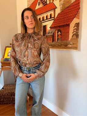 Women's Paisley Tie-Neck Blouse in Warm Brown
